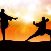 Silhouette illustration of two figures doing martial art stance